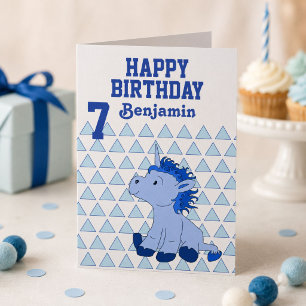 Cute Blue Unicorn Triangle Pattern Birthday Card