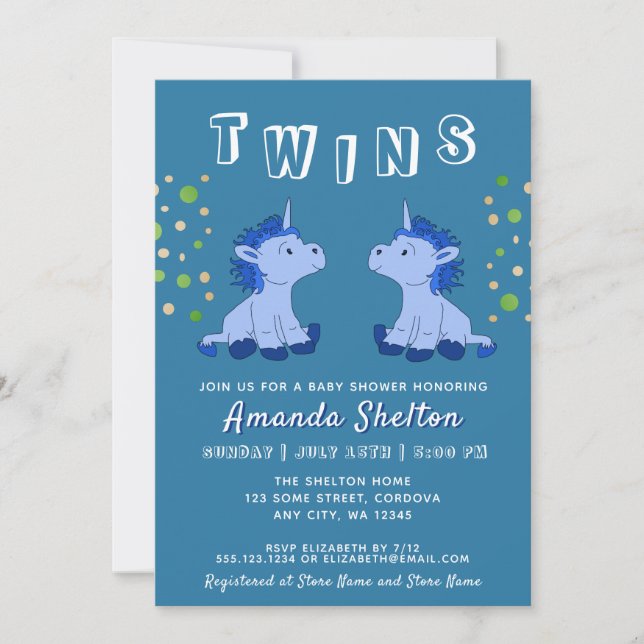Cute Blue Unicorn Twins 2 Boys Baby Shower Invitation (Front)