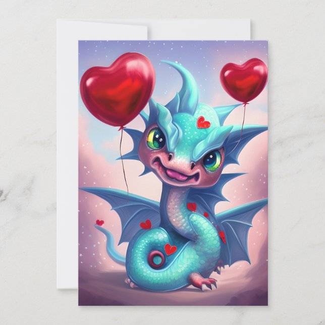 Cute Blue Valentine Dragon Holiday Card (Front)
