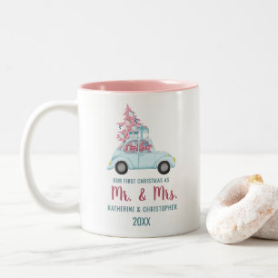 Cute Blue Vintage Car First Christmas Mr. & Mrs. Two-Tone Coffee Mug