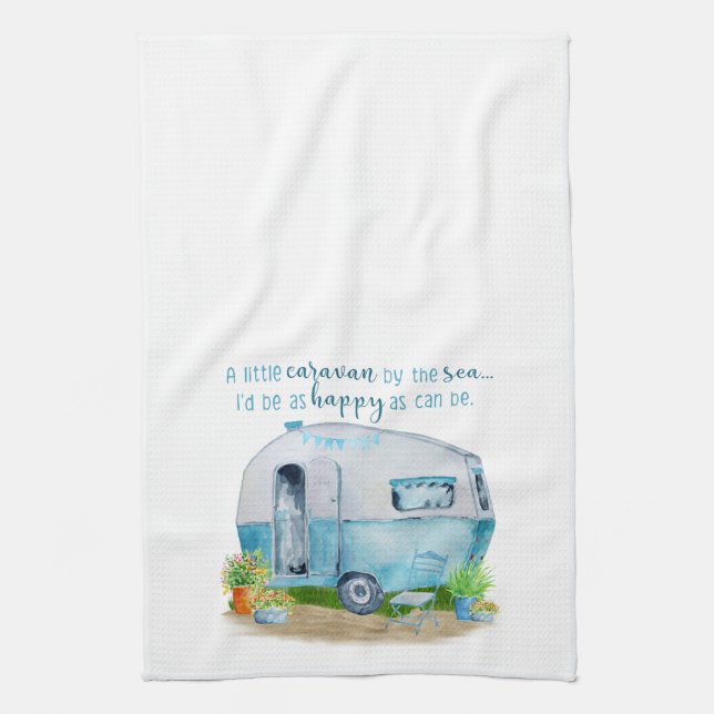 Cute Blue Vintage Retro Camper Caravan Tea Towel (Vertical)