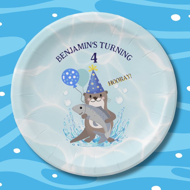 Cute Blue Water Boy Sea Otter Birthday Party Paper Plate (Creator Uploaded)