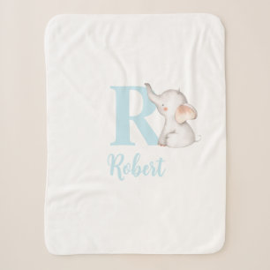 Cute Blue Watercolor Baby Elephant Monogram & Name Sherpa Blanket