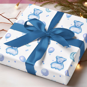 Cute Blue Watercolor Balloon Baby Boy Bear Pattern Wrapping Paper