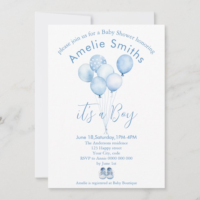 Cute Blue Watercolor Balloons Baby Shower Invitation (Front)