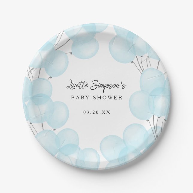 Cute Blue Watercolor Balloons Baby Shower Paper Plate (Front)