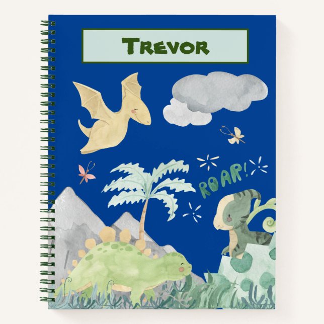 Cute Blue Watercolor Dinosaur Notebook (Front)