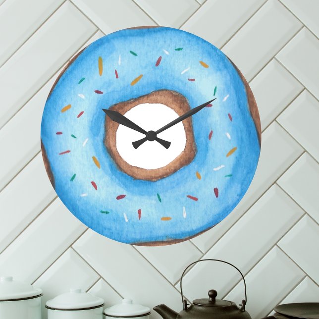 Cute Blue Watercolor Doughnut Large Clock (Creator Uploaded)