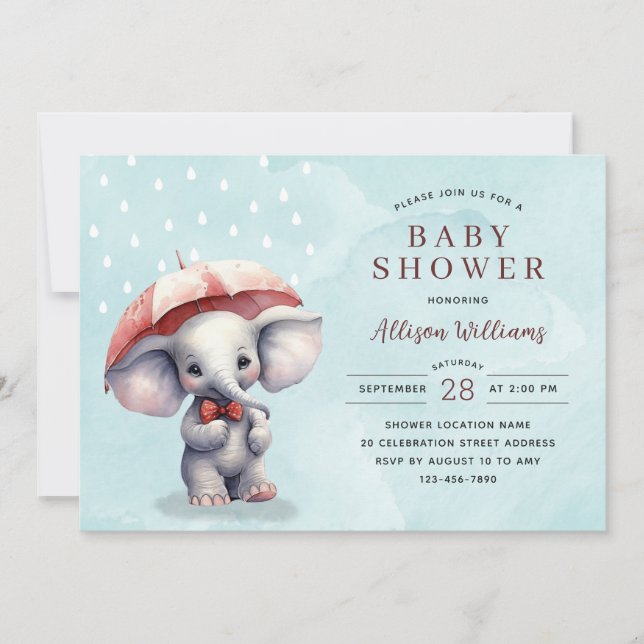 Cute Blue Watercolor Elephant Boy Baby Shower   Invitation (Front)