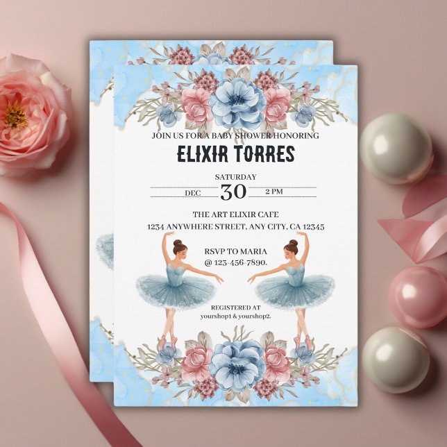 Cute Blue Watercolor Floral Ballerina Baby Shower Invitation (Creator Uploaded)