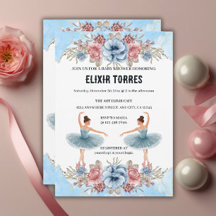 Cute Blue Watercolor Floral Ballerina Baby Shower Invitation