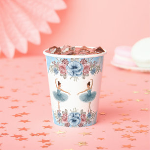Cute Blue Watercolor Floral Ballerina Baby Shower Paper Cups
