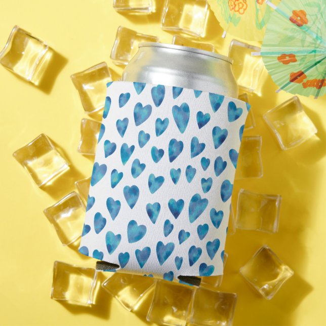 Cute Blue Watercolor Love Heart Pattern Can Cooler (In Situ Summer)