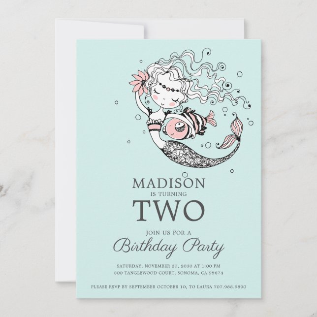 Cute Blue Watercolor Mermaid 2nd Birthday Invitation (Front)