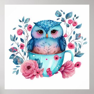 Cute Blue Watercolor Mug Owl & Flowers Poster