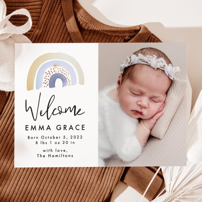 Cute Blue Watercolor Rainbow Birth Announcement (Creator Uploaded)
