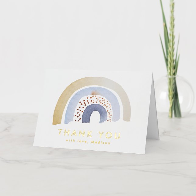 Cute Blue Watercolor Rainbow Thank You Foil Greeting Card (Front)