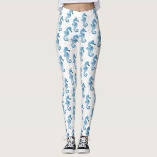 Cute Blue Watercolor Seahorses Gold Sparkles Leggings