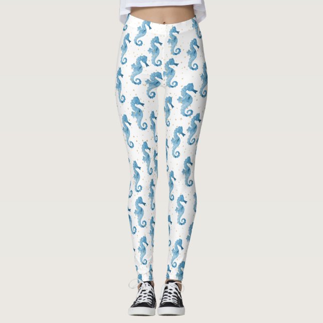 Cute Blue Watercolor Seahorses Gold Sparkles Leggings (Front)