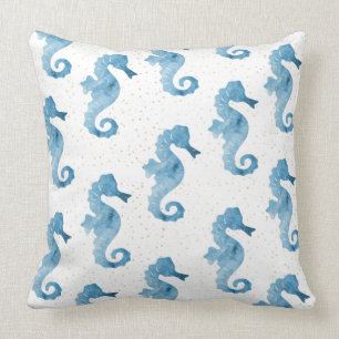 Cute Blue Watercolor Seahorses Pattern Cushion