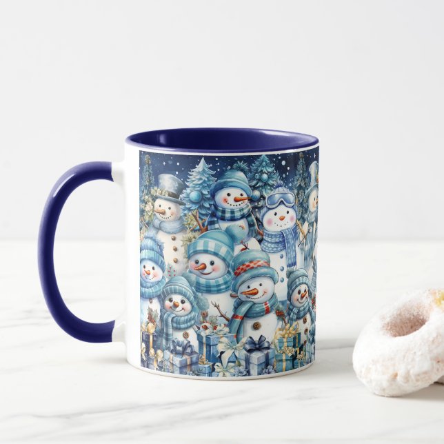 Cute Blue Watercolor Snowman Family Mug (With Donut)