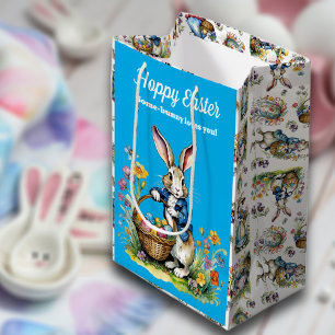 Cute Blue Watercolor Vintage Easter Bunny Medium Gift Bag