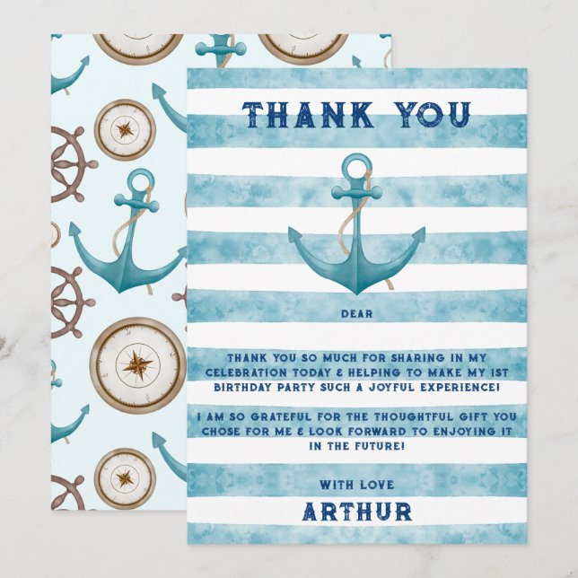 Cute Blue Watercolour Nautical Sailor Anchor Thank You Card (Front/Back)