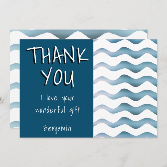 Cute Blue Wave Boy Birthday Thank You Card (Front/Back)