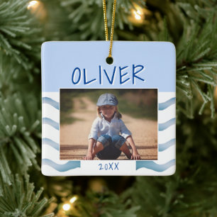 Cute Blue Waves Boy Photo Kids Christmas Keepsake  Ceramic Ornament