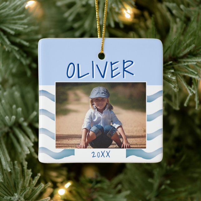 Cute Blue Waves Boy Photo Kids Christmas Keepsake  Ceramic Ornament (Tree)