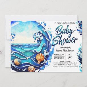 Cute Blue Waves Watercolor Baby Shower Invitation