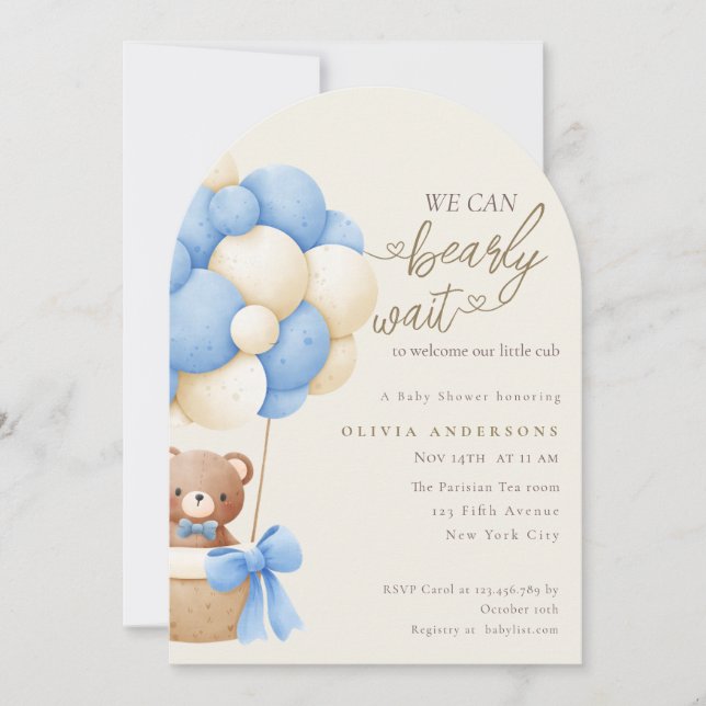 Cute Blue We can Bearly Wait Baby Shower Invitation (Front)