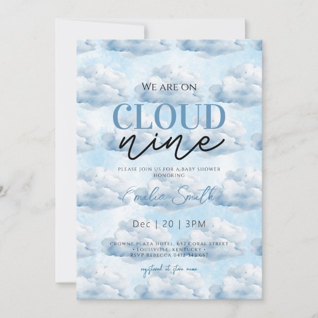 Cute Blue We're on Cloud Nine Baby shower Shower Invitation (Front)