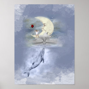 Cute Blue Whale and happy child on Moon Fantasy Poster