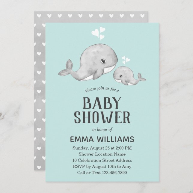 Cute Blue Whale Baby Shower Invitation - Boy (Front/Back)