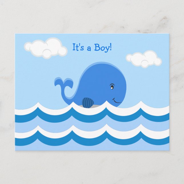Cute Blue Whale It's a Boy Birth Announcement Postcard (Front)