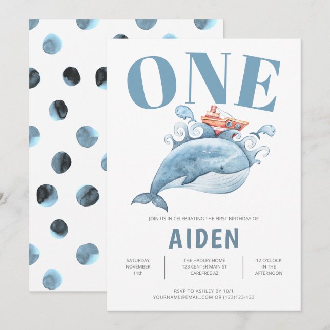 Cute Blue Whale Kids Birthday Party Invitation (Front/Back)