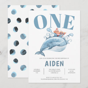 Cute Blue Whale Kids Birthday Party Invitation
