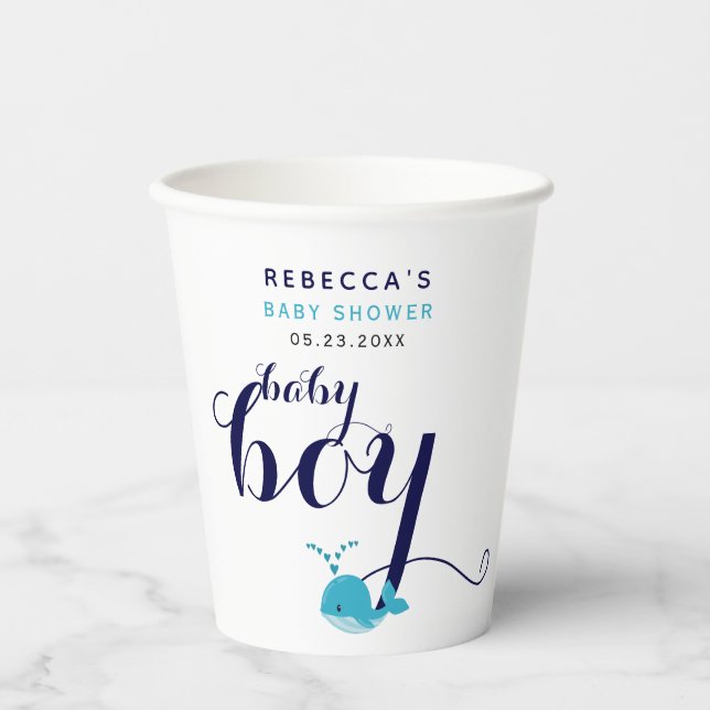 Cute blue whale ocean themed Baby Shower Paper Cups (Front)