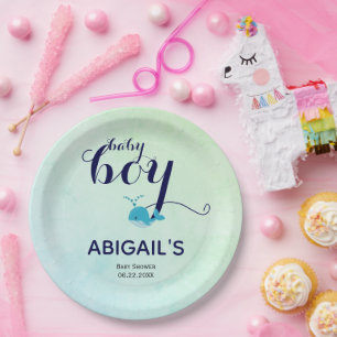 Cute blue whale ocean themed Baby Shower Paper Plate