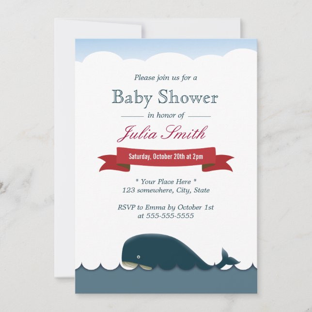 Cute Blue Whale & Sea Baby Shower Invitations (Front)