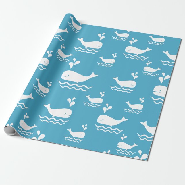 Cute Blue Whale Seamless Ocean Pattern (2) Wrapping Paper (Unrolled)