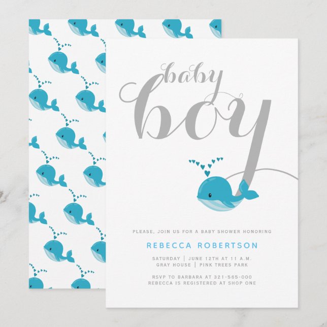 Cute blue whale typography baby boy shower invitation (Front/Back)
