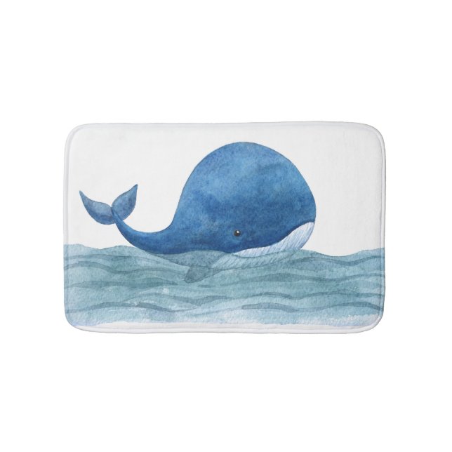 Cute Blue Whale Watercolor Illustration Bath Mat (Front)