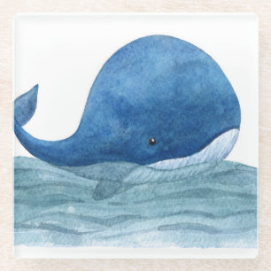 Cute Blue Whale Watercolor Illustration Glass Coaster