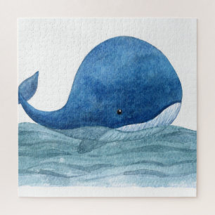 Cute Blue Whale Watercolor Illustration Jigsaw Puzzle