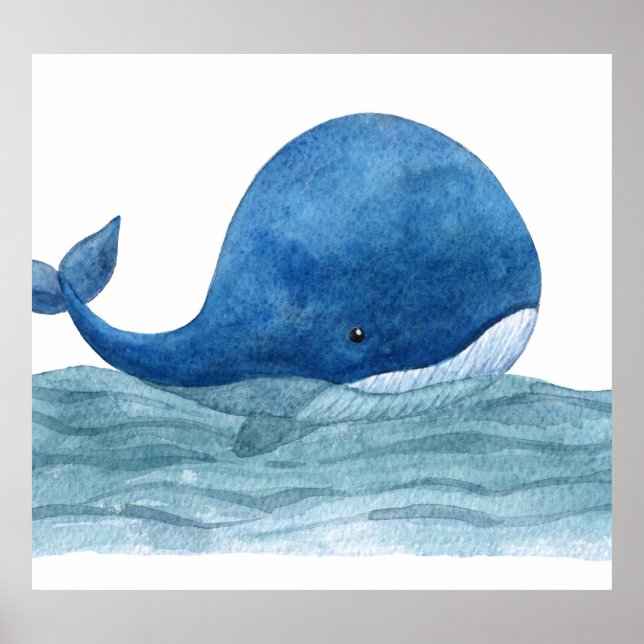 Cute Blue Whale Watercolor Illustration Poster (Front)