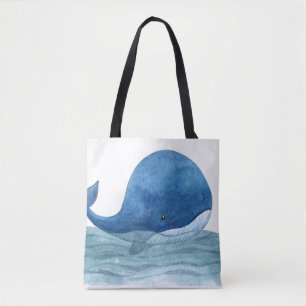 Cute Blue Whale Watercolor Illustration Tote Bag