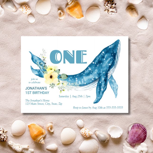 Cute Blue Whale Yellow Floral 1st Birthday Party Invitation (Creator Uploaded)