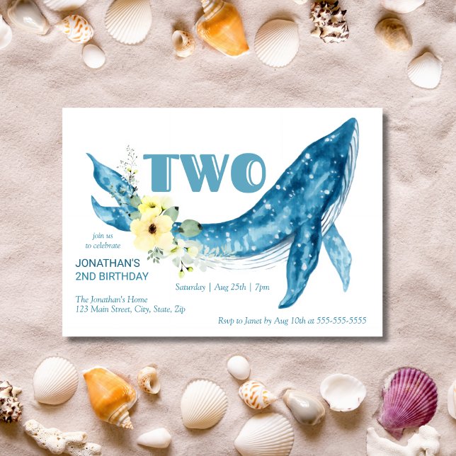 Cute Blue Whale Yellow Floral 2nd Birthday Party Invitation (Creator Uploaded)